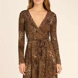 CAbi Brown Black Wrap Tie Dress snake dappled dot pattern cute comfy dress